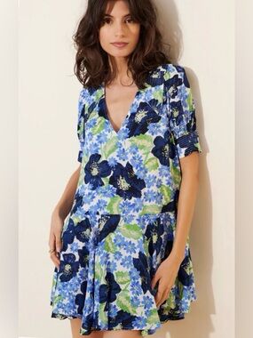 NWT Free People Moon Chaser Tiered Floral Puff Sleeve Collared Shift Minidress